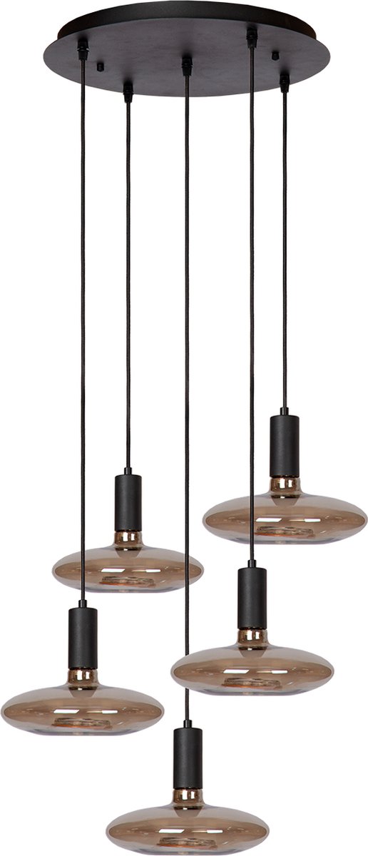 Atmooz - Hanglamp Sapa 5 - Zwart - Inclusief 5 Segula Floating Ufo Lichtbronnen - 5 x E27 - Ø 40 cm Plafondplaat - Dimbaar - Minimalistisch Design