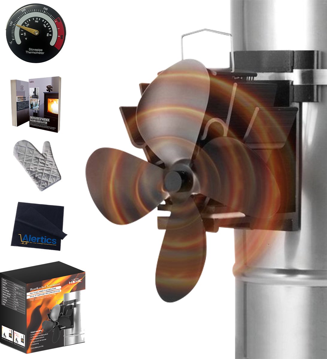 LotaHome - Houtkachelventilator - Magnetisch - Hangend - Haardventilator - Ecofan - Met Thermometer, Handschoen, Doekje en Informatieboek - Kachelventilator - Houtkachel Warmte Verspreider - Houtkachels, Pelletkachels, Gaskachels en Speksteenkachels