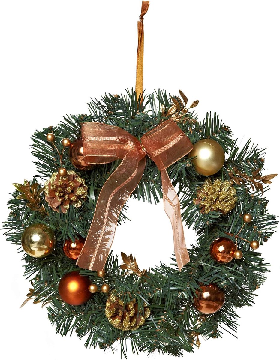 Kerstkrans - deurkrans - tafelkrans - tafelkrans - versierde krans van dennentakken - groen, koper, goud - 32 x 32 x 10 cm