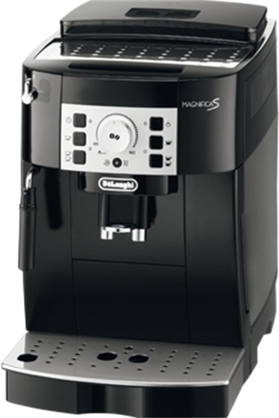 Zwarte De'Longhi Magnifica S volautomatische espressomachine, voorkant.