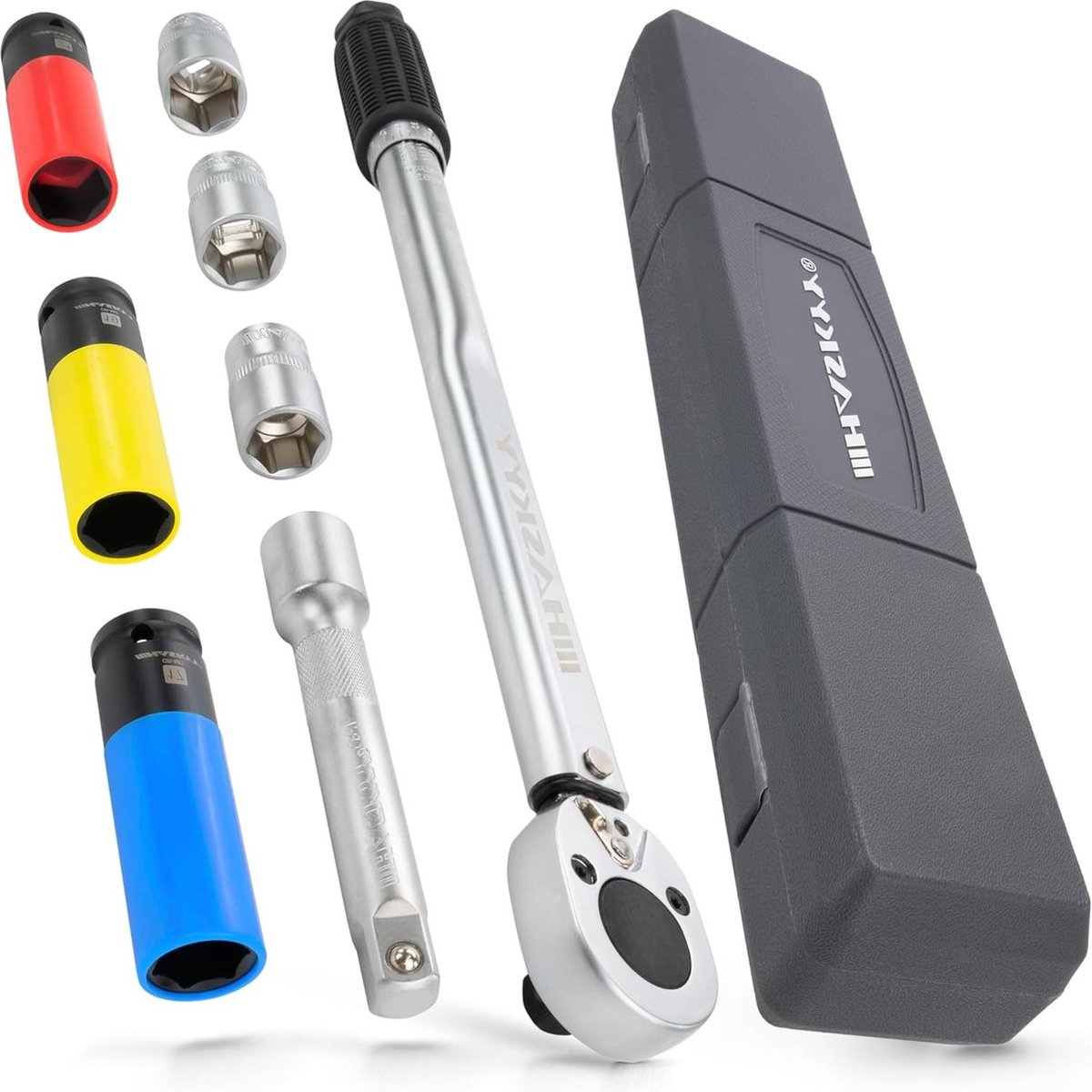 Torque wrench set 1/2 inch 8-piece 28-210 Nm with impact nut set 17-19-21 mm and protective caps - Professional car repair tool