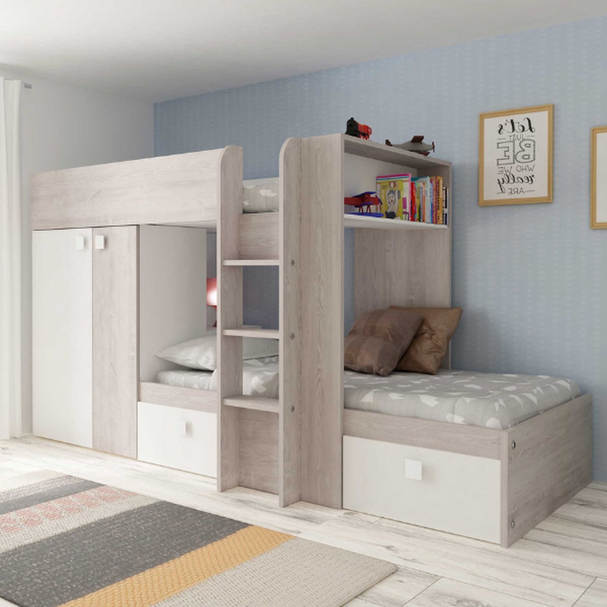 Stapelbed Beau 90x190 Cm (lattenbodem Benedenbed Niet Inbegrepen) - Grenen/wit - Trasman - Stapelbed - Wit - Melamine; Spaanplaat Eenpersoons Stapelbed