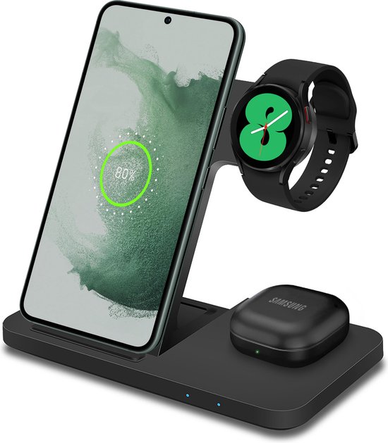 Chéroy 3-in-1 Draadloze Oplader - 15W Snellader - Qi Oplaadstation - Opvouwbaar - Geschikt voor Samsung Smartphones, Galaxy Watch, Galaxy Buds - Android - Zwart