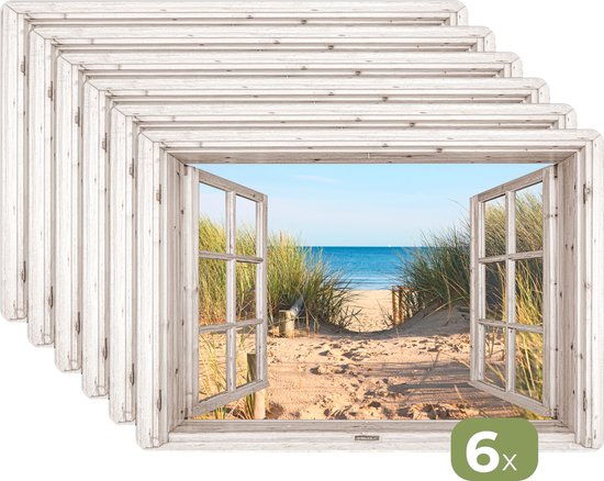 Foto: Placemats 6 stuks 45x30 cm placemat kunststof doorkijk strand zee duinen zand water helmgras borden onderleggers decoratie voor op tafel keuken tafeldecoratie accessoires vinyl onderlegger tafelversiering