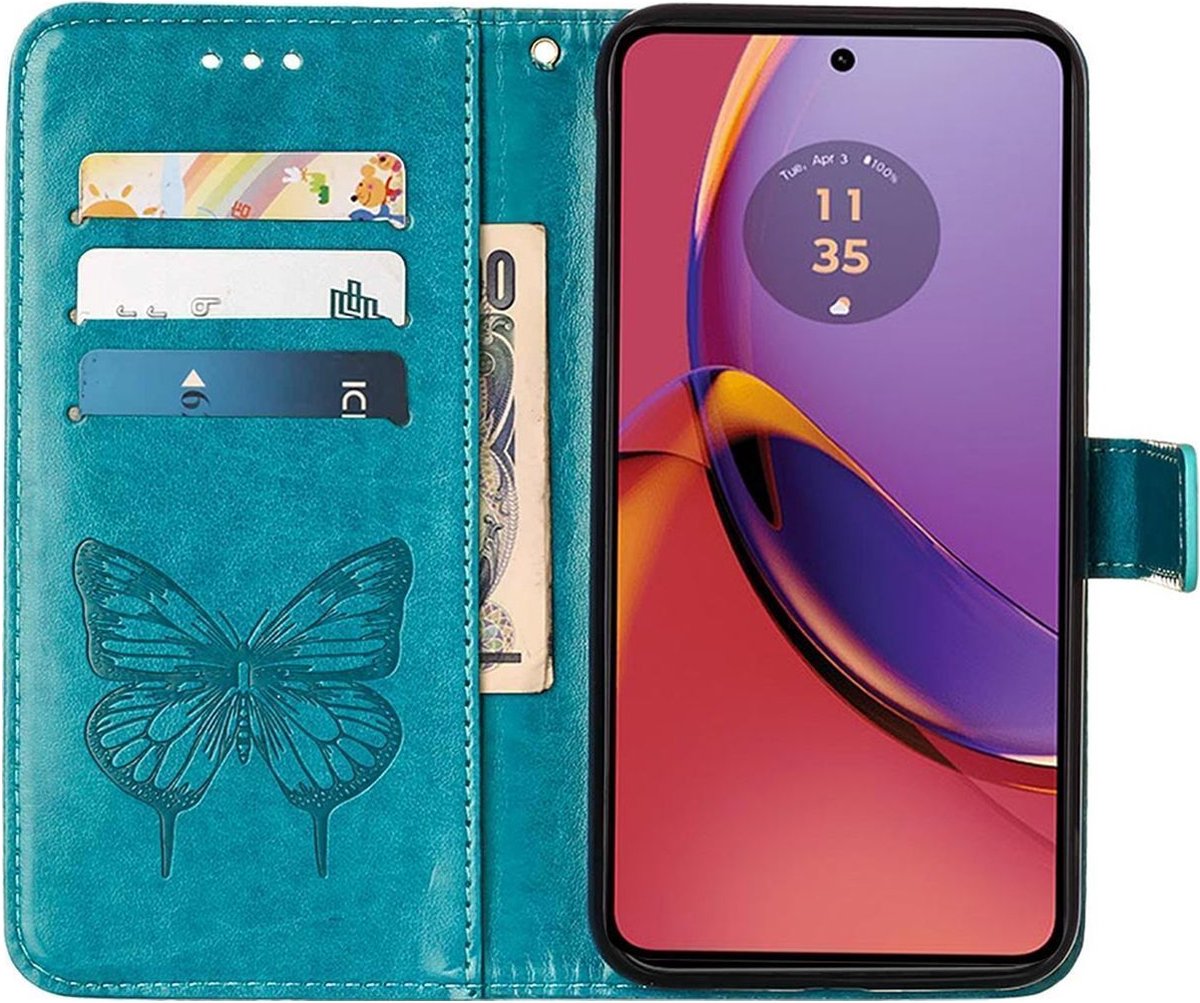Mobigear Telefoonhoesje geschikt voor Motorola Moto G84 Hoesje | Mobigear Butterfly Bookcase Portemonnee | Pasjeshouder voor 3 Pasjes | Telefoonhoesje voor Pinpas / OV Kaart / Rijbewijs - Blauw