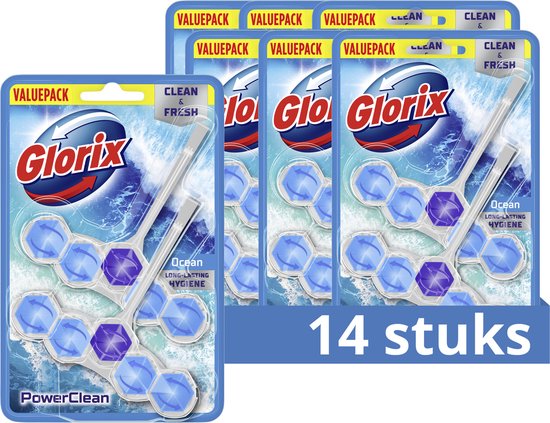 Foto: Glorix power clean toiletblok ocean geeft je een langdurig schoon en fris toilet 7 x 2 stuks