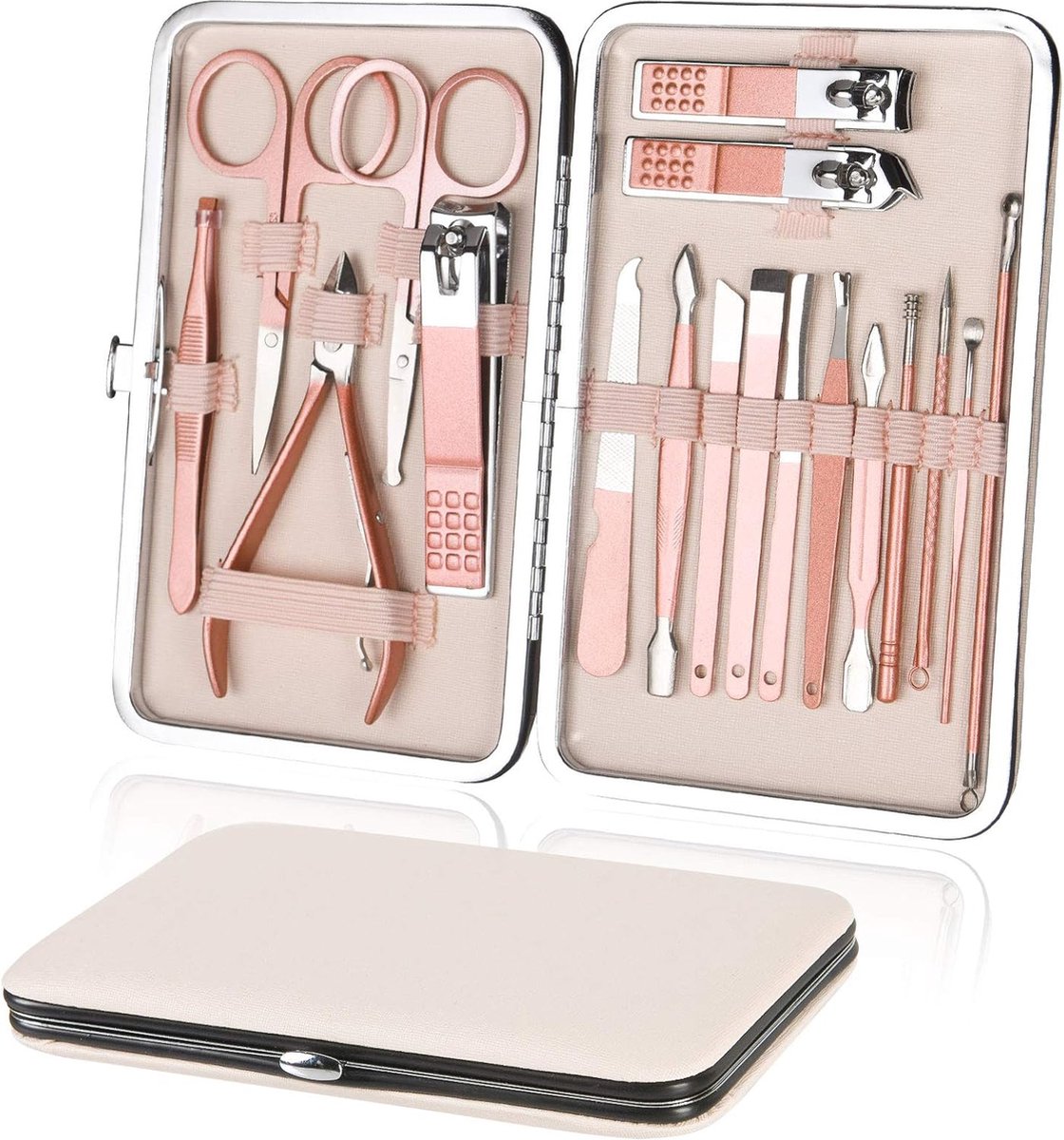 URAQT Professionele Manicure Set 18-delig Draagbare Nagelknipper Pedicure Set & Wenkbrauw Verzorgingsset Roestvrij Staal Nagelverzorgingsgereedschap Met Luxe Lederen Etui
