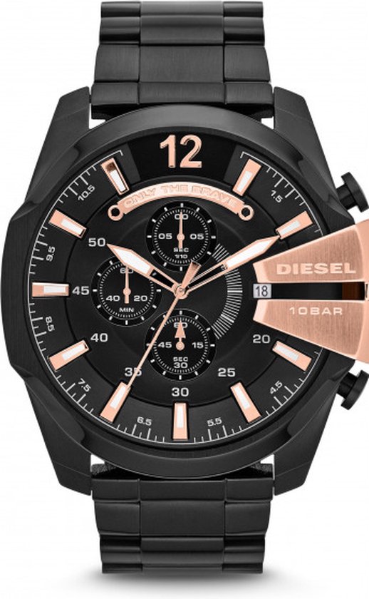 Zwart Diesel Mega Chief horloge met roségouden details, chronograaf en datumvenster.