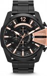 Zwart Diesel Mega Chief horloge met roségouden details, chronograaf en datumvenster.