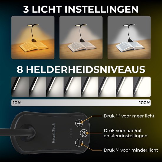 Regal Tech® Oplaadbare Leeslamp - Klemlamp - Draadloze Leeslamp - 3 Verschillende Lichtstanden - Dimbaar - USB-C - Zwart van Regal Tech® — afbeelding 2