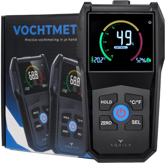 Aquila Vochtmeter voor Hout & Muren - Hygrometer Binnen - Vochtmeters Haardhout en Pleisterwerken - Pinloze Houtvochtmeter - Incl Opbergtasje en Batterijen