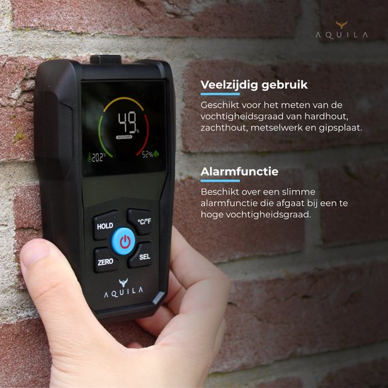 Aquila Vochtmeter voor Hout & Muren - Hygrometer Binnen Digitaal - Vochtmeters Haardhout en Pleisterwerken - Pinloze Houtvochtmeter - Vochtigheidsmeter - Incl Opbergtasje en Batterijen