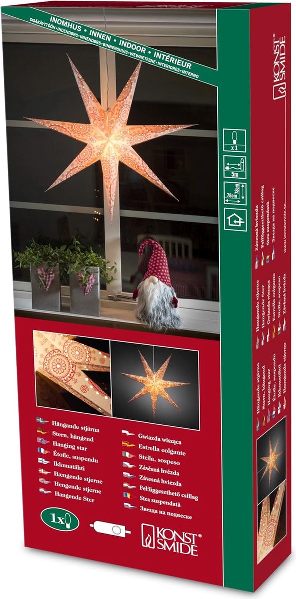zevenpuntige XL kerstster papier Incl. 3 m. snoer met stekker, schakelaar en E14-fitting wit / rood - 78x78x16 cm