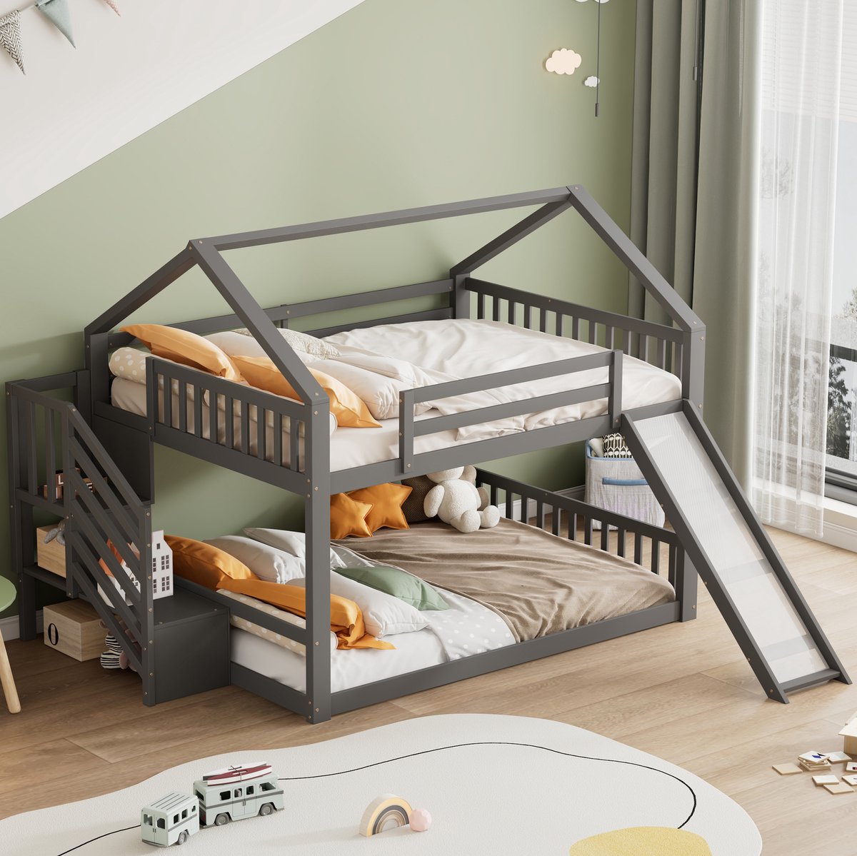 Lit Superposé 140x200 Cm Avec Toboggan Et échelle - Cadre En Pin Et MDF, Blanc/gris, Pour Enfants Et Ados, Matelas Non Inclus