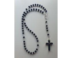 Rozenkrans, Paternoster geheel gemaakt met Zwarte Agaat (halfedelsteen) en o.a. Kristallen van Swarovski met een kruis van Zwarte Agaat (gebedssnoer, kruisteken, Meditatie, spiritueel, geloof, geloofsteken, Cadeau, ketting, gebedsketting.