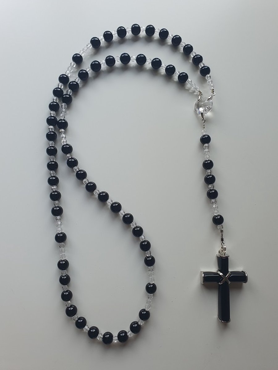 Rozenkrans, Paternoster geheel gemaakt met Zwarte Agaat (halfedelsteen) en o.a. Kristallen van Swarovski met een kruis van Zwarte Agaat (gebedssnoer, kruisteken, Meditatie, spiritueel, geloof, geloofsteken, Cadeau, ketting, gebedsketting.