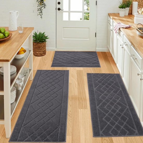 BEQHAUSE Keukentapijten, wasbare keukenmatten, antislip keukenmatten absorberende keukenloper met TPR antislip achterkant, set van 2 (50 x 76 cm 50 x 122 cm, grijs