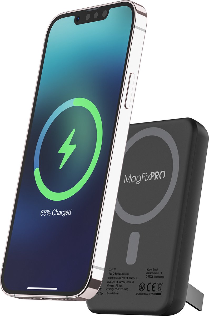 XLayer Powerbank MagFixPRO v2 - Wireless charging MagSafe compatible - Draadloos Opladen - USB-C PD 20W - USB-A QC 3.0 - 10000 mAh - Geschikt voor Noodpakket - Zwart