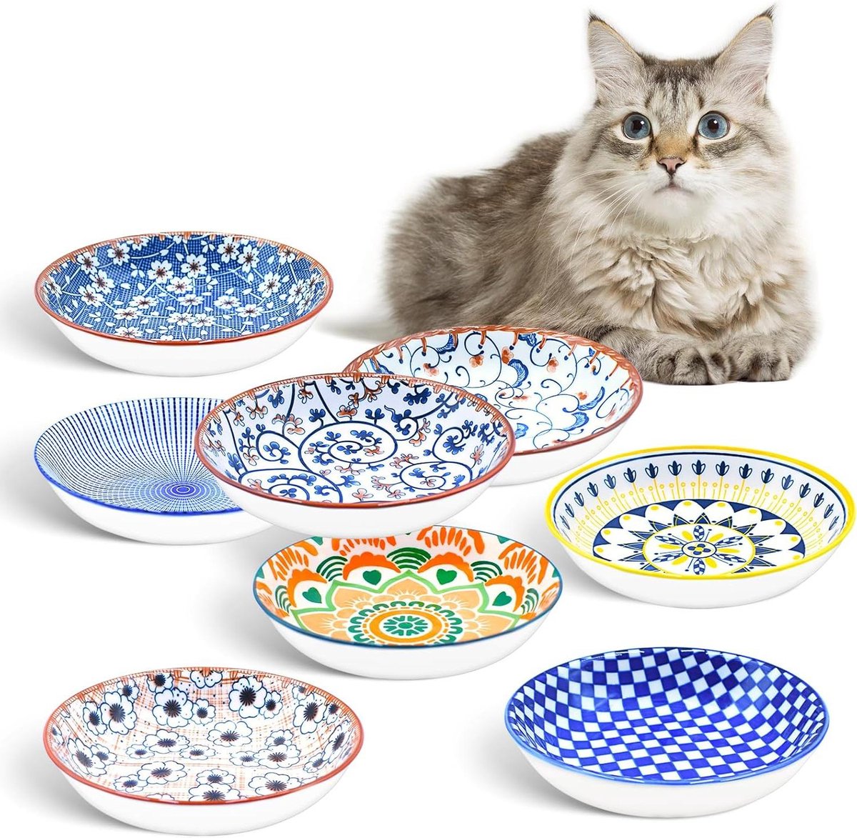 Keramische kattenbak - Voerbak voor katten - 8 kleurrijke kattenbakken - Platte kom voor katten - Voerbak vermoeidheid snor - Voerbak kittens