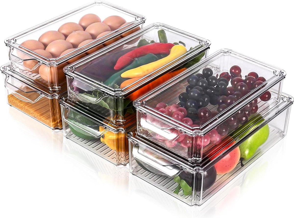 Opbergdozen voor koelkast set van 6 - doorzichtige koelkastdozen met deksel - stapelbaar en geschikt voor keukenkasten