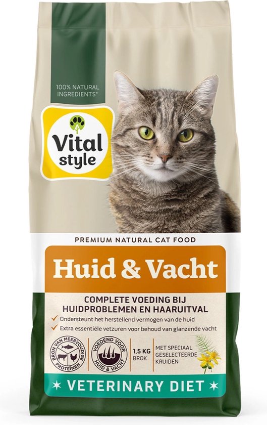 Vitalstyle Huid & Vacht - Kattenbrokken - Ondersteunt Bij Huidproblemen En Extreem Verharen - Met o.a. Mariadistel & Heermoes - 1,5 kg