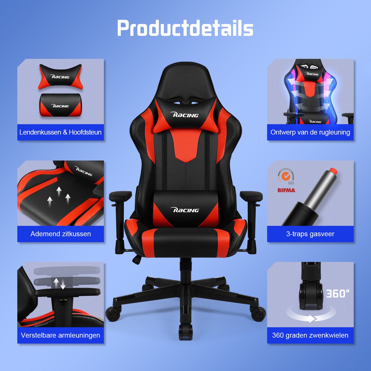 Afbeelding 2 van Gaming Stoel - Gaming Chair mit 90°-165° Rugleuning - Racing Style - Max Gewicht 150 kg