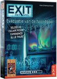 Doos van het spel 'EXIT - Evacuatie van de Noordpool'. Donkerblauw met een beeld van een noorderlicht boven een besneeuwde laboratoriumruimte.