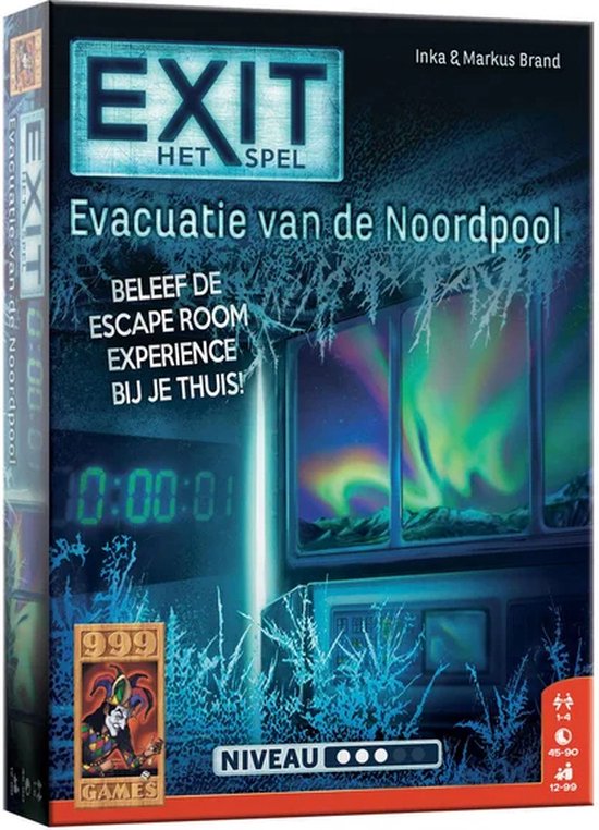 Doos van het spel 'EXIT - Evacuatie van de Noordpool'. Donkerblauw met een beeld van een noorderlicht boven een besneeuwde laboratoriumruimte.