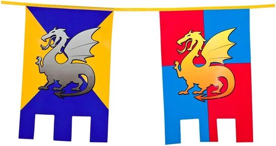 Een geel en blauw banier met een grijze draak, en een rood en blauw banier met een gouden draak.