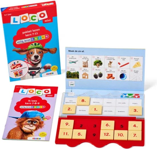 DOOS, deksel op de doos, mini loco-spel met kaarten met afbeeldingen en getallen, boekjes met aap en hond.
