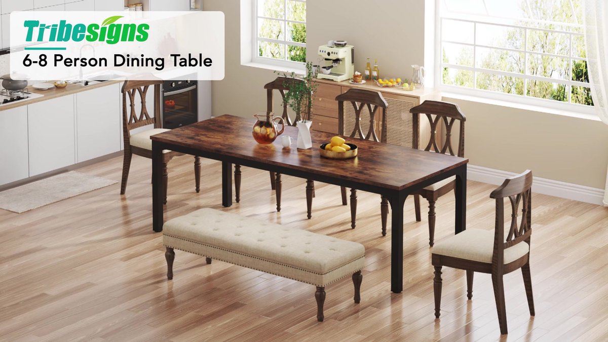 Tribesigns Moderne eettafel voor 6-8 personen, 180,8 cm lang, wit, houten keuken met gouden metalen poten, rechthoekige eettafel, familiebijeenkomst