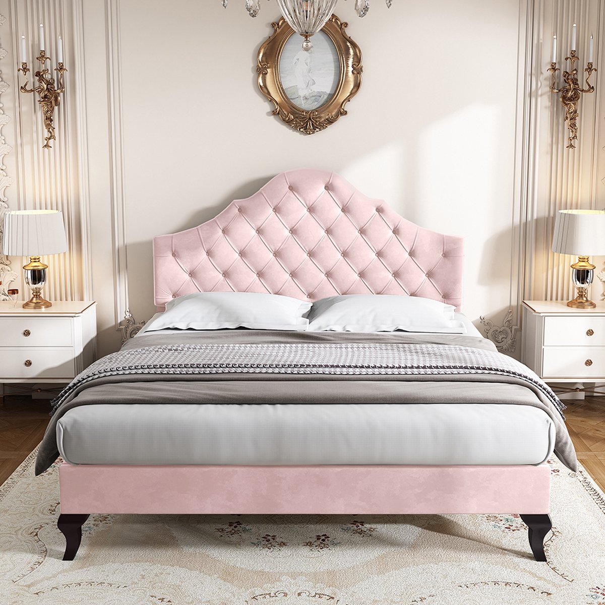 KOMHTOM Bed volwassenen Tweepersoonsbed 140x200 cm met lattenbodem met in hoogte verstelbaar hoofdbord roze fluweel