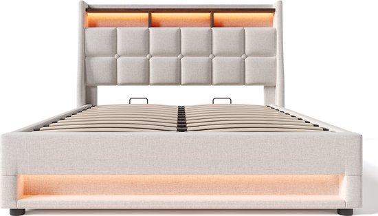 KOMHTOM Bed Tweepersoonsbed 140x200 cm Chest bed met USB Single LED bed met metalen lattenbodem Beige