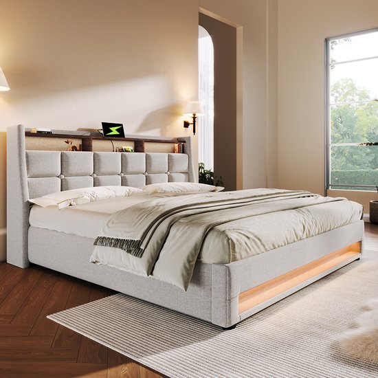 KOMHTOM Bed Tweepersoonsbed 140x200 cm Chest bed met USB Single LED bed met metalen lattenbodem Beige