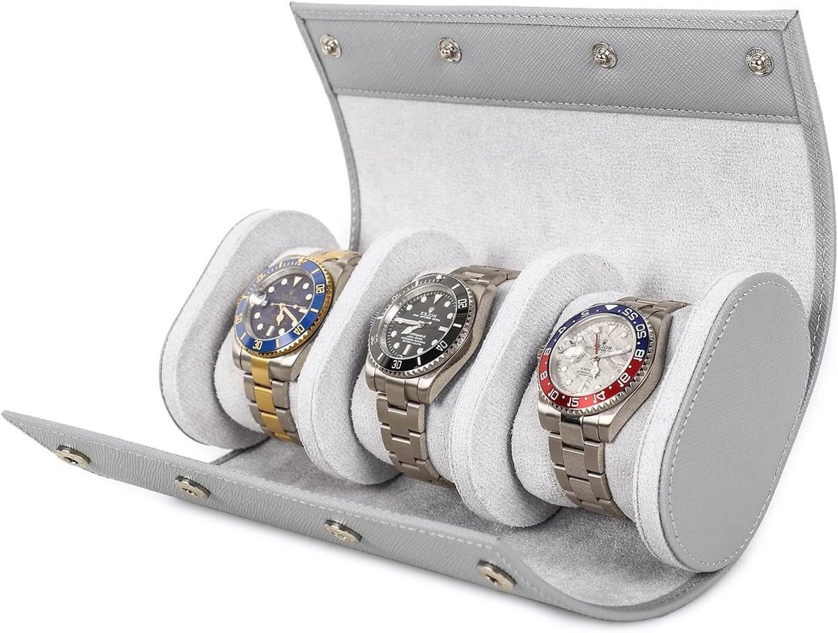Opslag Horloge Case voor 3 Horloges - Handgemaakte Echt Lederen Reizen Horloge Draagbare Case - Verwijderbare Kussens - Snag Montage Ontwerp - Grijs