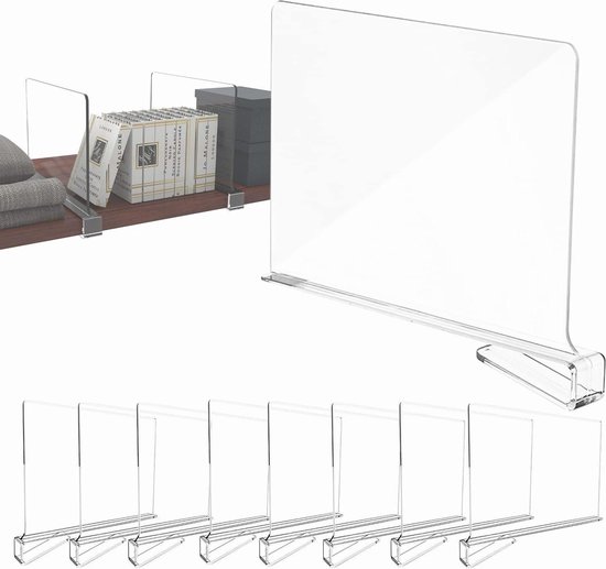 8 Séparateurs D'Étagère En Acrylique Transparent - 30x20cm - Clip-On Pour Armoire/Bibliothèque