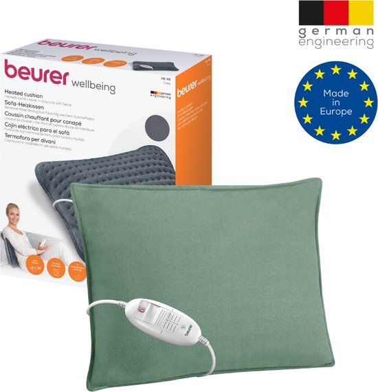 Beurer HK 48 Green Elektrisch Warmtekussen - Heating pad - 40 x 30 cm - 3 Warmtestanden - Max. 65°C - Snelle opwarming - Automatische uitschakeling - Fleece - Machinewasbaar - 3 jaar garantie - Inclusief Groene Kussenhoes