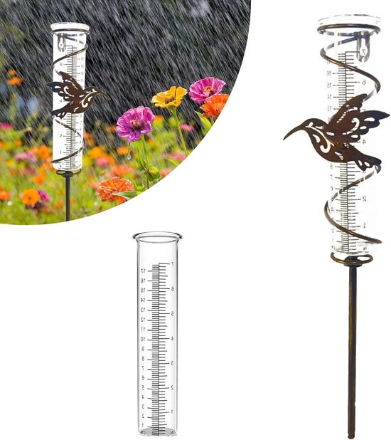 Tuinregenmeter van glas - regenmeter litermes - regenmeter metaal - vogel plantensteker - duidelijke schaal - regenhoeveelheidsmeter - tuin gazon terras. Regenmeter