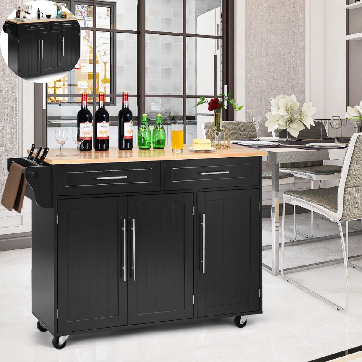 Keukeneiland - Verplaatsbaar - Keukenkast - Dressoir - Organizer - Kasten - Houten Werkblad - 2 Deuren - Zwart