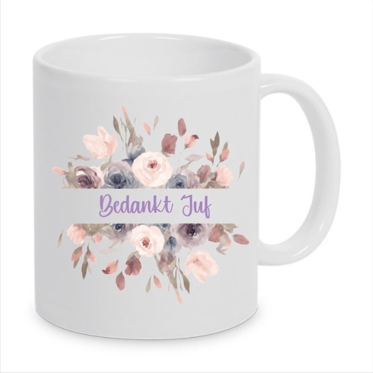 Bedrukte mok Bedankt juf met bloemen, Bedrukte beker, Juffen cadeau, Cadeau, Beker, Mok, Bedrukte mok, Einde schooljaar