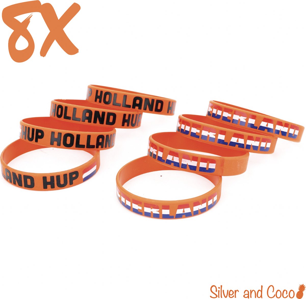 SilverAndCoco® - Hup Holland Hup Oranje Siliconen Armbandjes | Nederlands Elftal Armbandje Versiering Bandje | WK Voetbal EK 2026 Silicone Decoratie Nederland | Kinderen en Volwassenen | Olympische Spelen Nederlandse Vlag Polsbandjes - 8 stuks