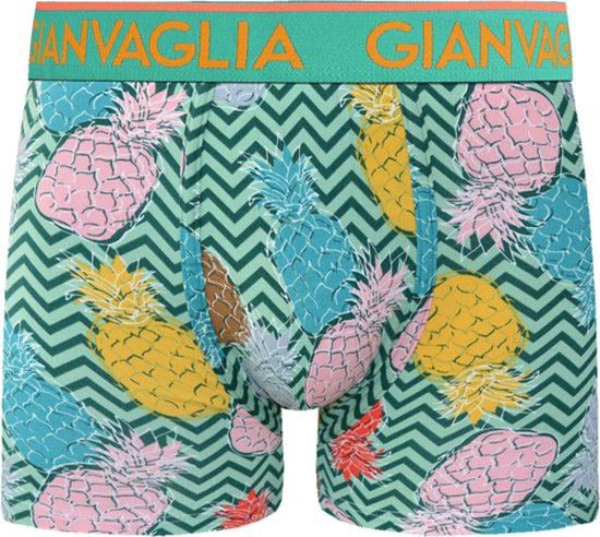 Boxershort met groene zigzagprint en veelkleurige ananassen. Groene tailleband met oranje rand.