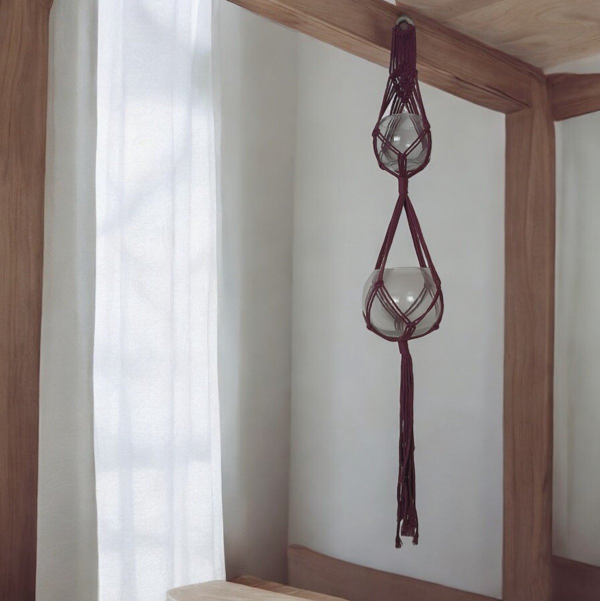 Macramé Plantenhanger voor 2 potten-Damson-125cm lang-handgemaakt-Boho stijl