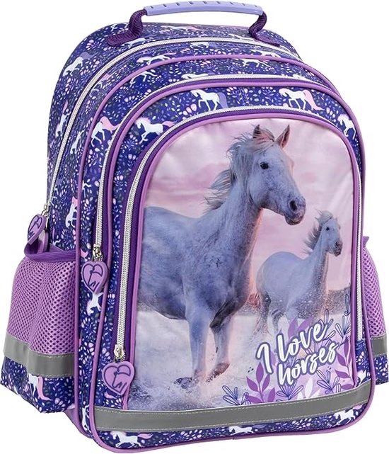 Paarden rugzak Paars lila Schooltas met 3 grote vakken 39 x 29 x 17 Pony. bol