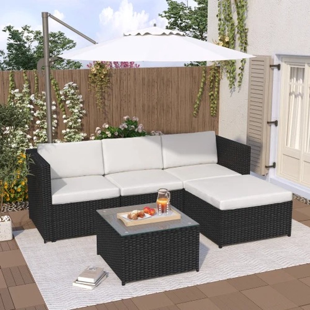 Tuin Lounge Set met Handgeweven Zwart/Wit Ontwerp en Kussens