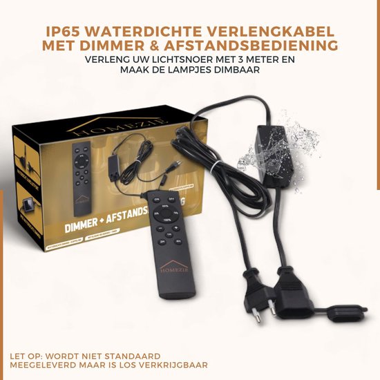 IP65 waterdichte verlengkabel met dimmer en afstandsbediening voor lichtsnoeren. De kabel is zwart met een schakelaar en twee aansluitingen.