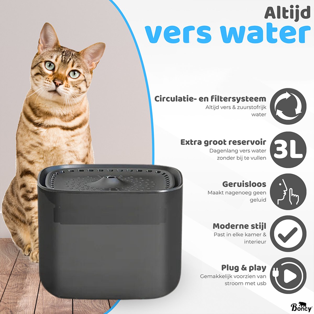 Boncy® Luxe Drinkfontein Kat & Hond - Waterfontein met Stille Pomp - XL Reservoir 3,0L - Automatisch Circulatie Filter - Kattenfontein Zwart - drinkfonteinen - Katten fontein drinkbak - waterdispenser thumbnail 2