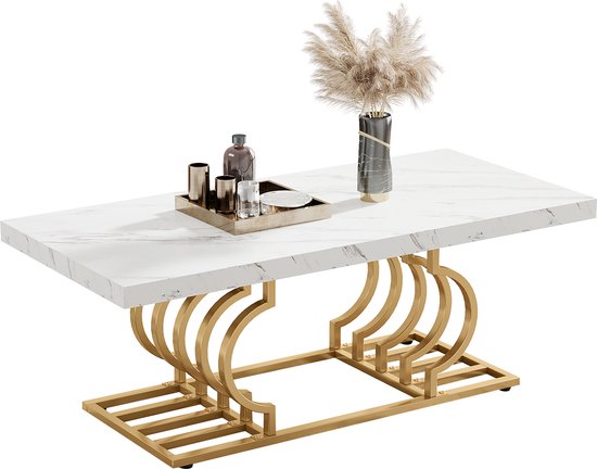Tribesigns Salontafels Modern - Salontafel met Geometrisch Frame - Bijzettafel Goud - Tafel - Sidetable - Nep-Marmer - 120 x 50 x 50 cm