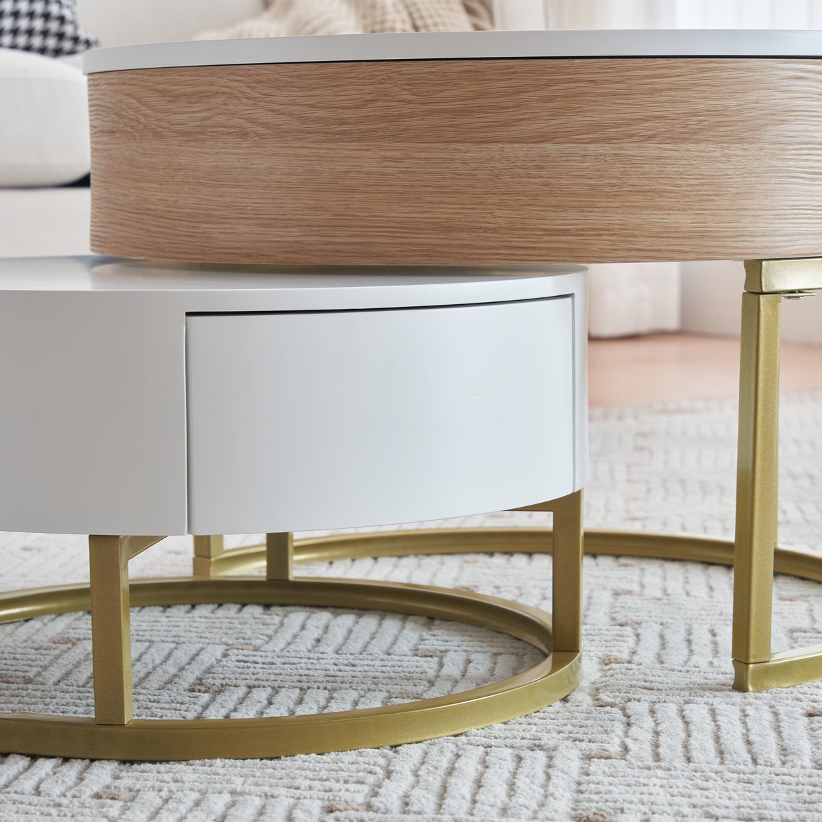 Nesting Salontafel Nesting Salontafels Set van 2 voor Woonkamer Hout Ronde Salontafel Industriële Eindetafel Bijzettafels Woonkamer Moderne Bijzettafel Decor Stevig Metalen Frame