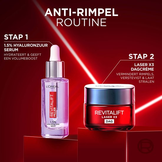 Stap 1: 1.5% hyaluronzuur serum. Stap 2: Laser X3 dagcrème.